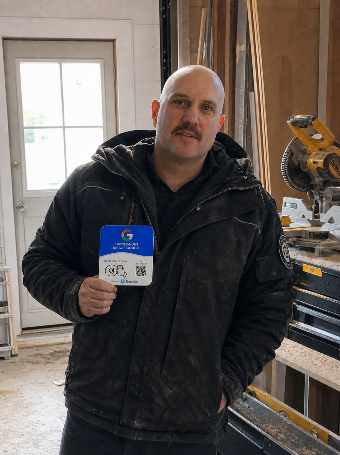 Propriétaire chauve avec moustache tenant sa petite plaque TrustTap dans son atelier