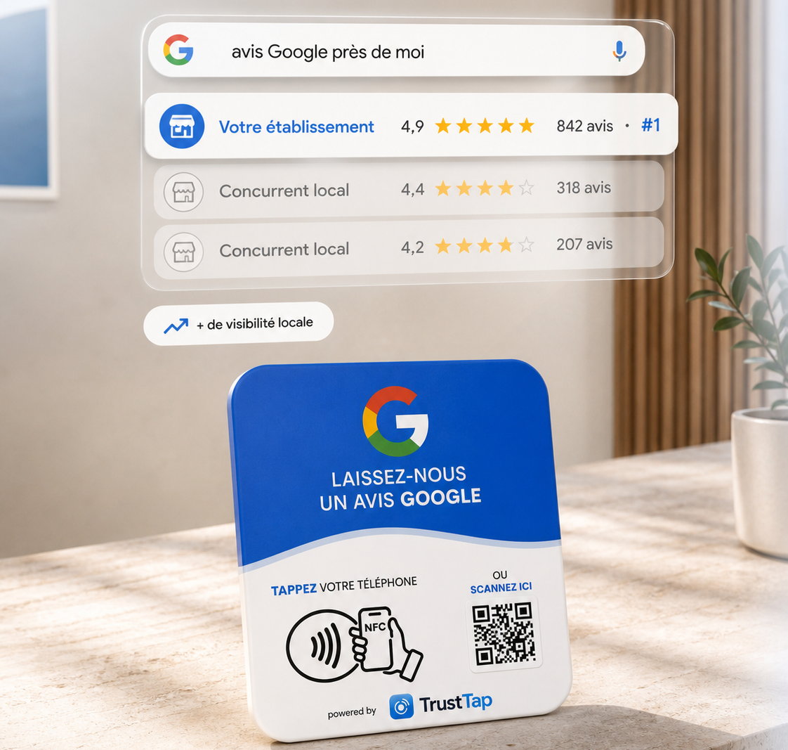 Plaque TrustTap avec téléphone et aperçu des résultats Google