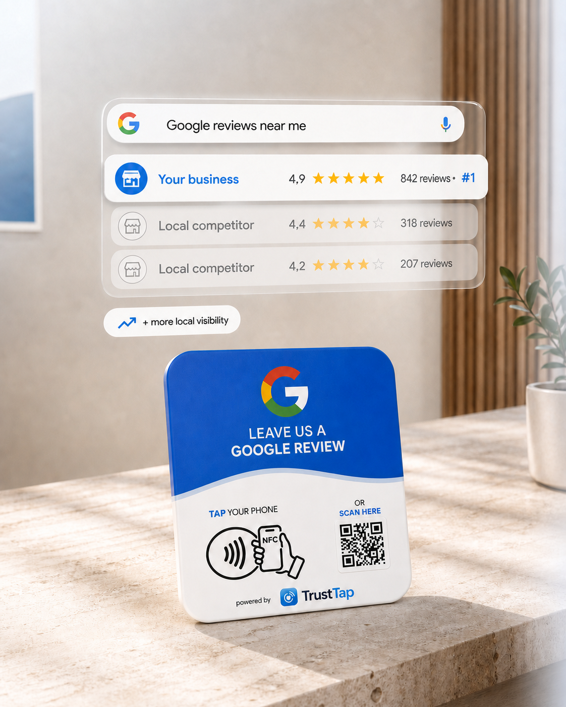 TrustTap Google review plate with an illustrated local Google ranking in English