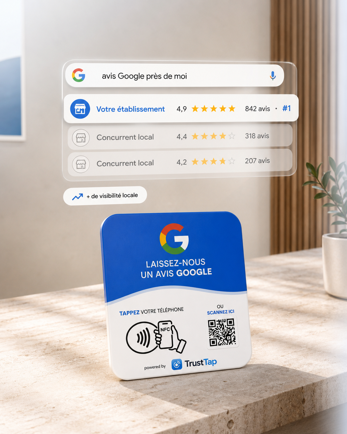Plaque d’avis Google TrustTap avec un classement Google local illustré en français