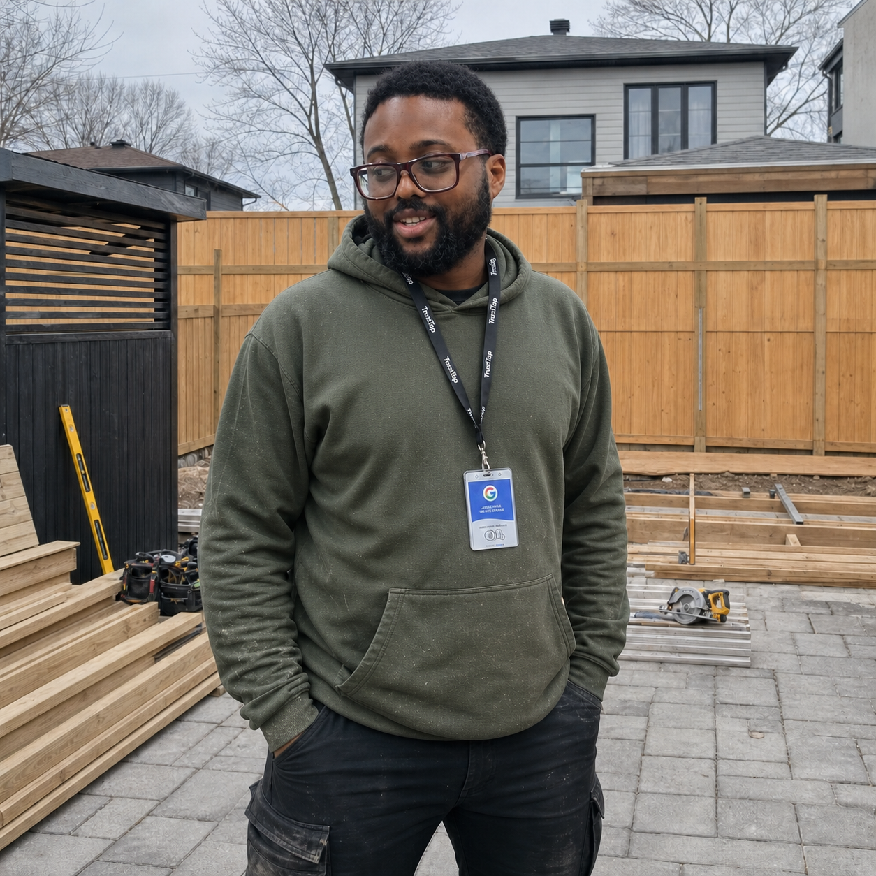 Propriétaire entrepreneur en coton ouaté vert photographié sur une job résidentielle avec son badge TrustTap
