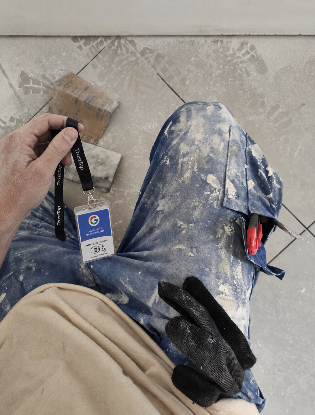 Badge TrustTap tenu sur les vêtements de travail poussiéreux