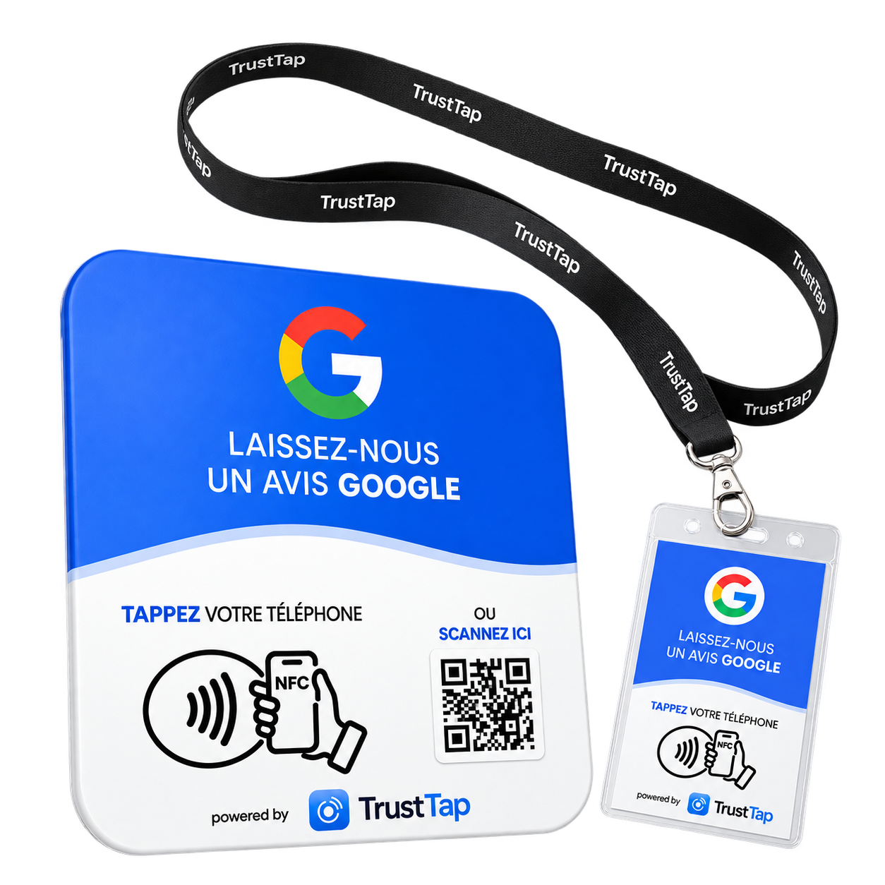 Plaque et collier TrustTap détourés sur un halo bleu