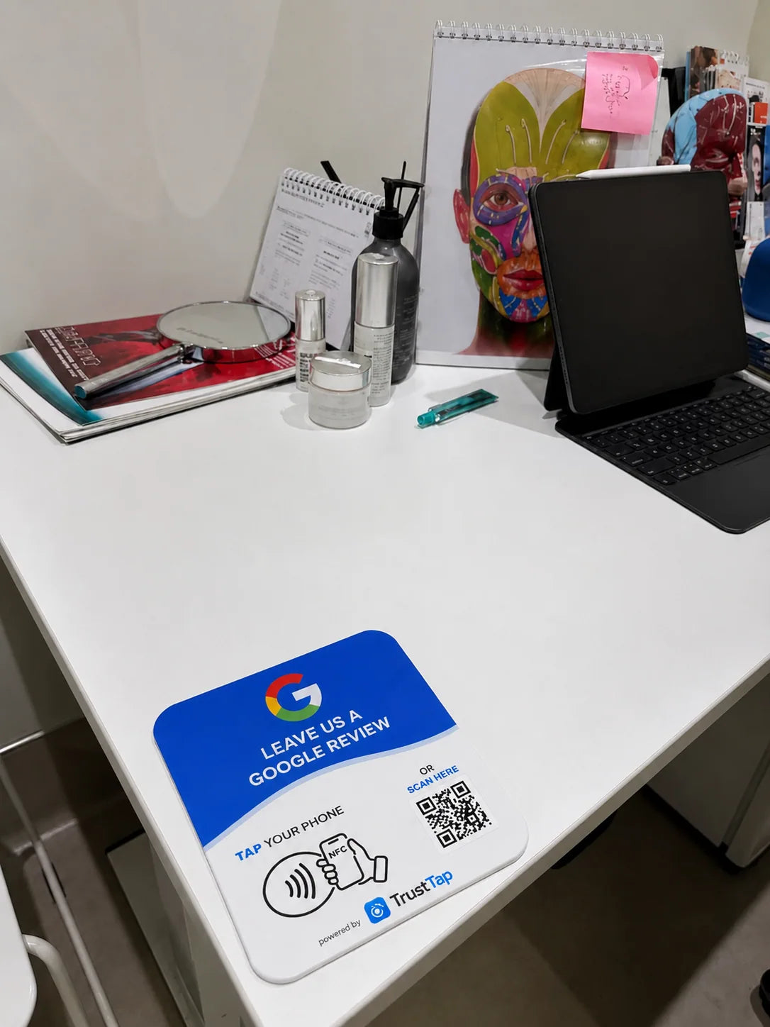 English TrustTap plate on a desk